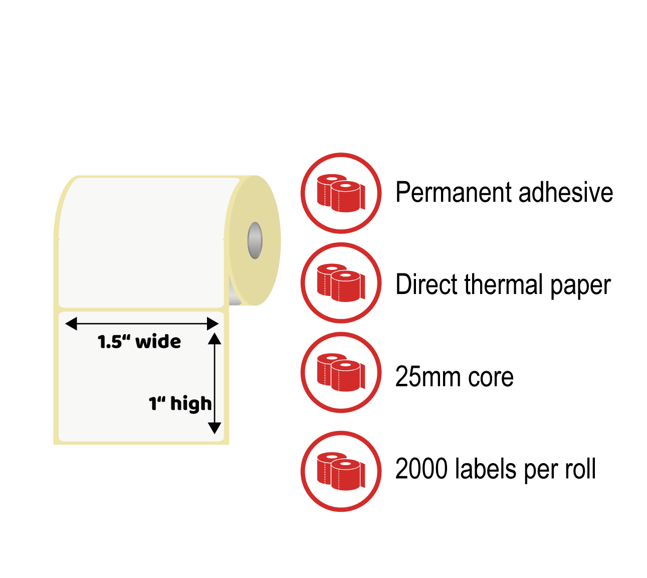 1.5 x 1" Thermal Label Rolls - Direct Thermal Paper, Permanent Adhesive