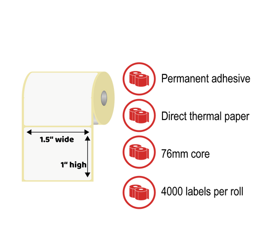 1.5 x 1" Thermal Label Rolls - Direct Thermal Paper, Permanent Adhesive