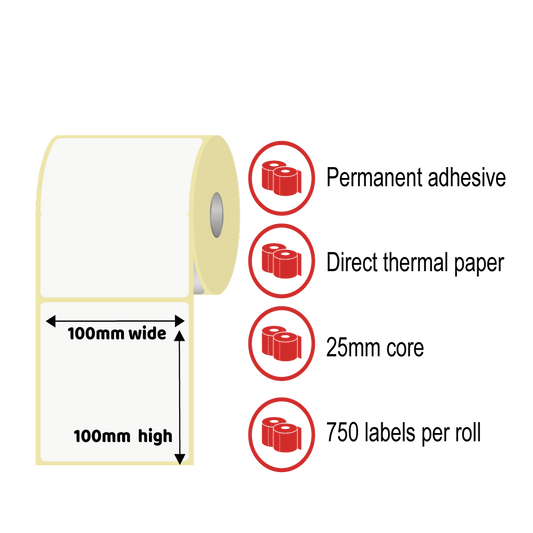 100 x 100mm Thermal Label Rolls - Direct Thermal Paper, Permanent Adhesive