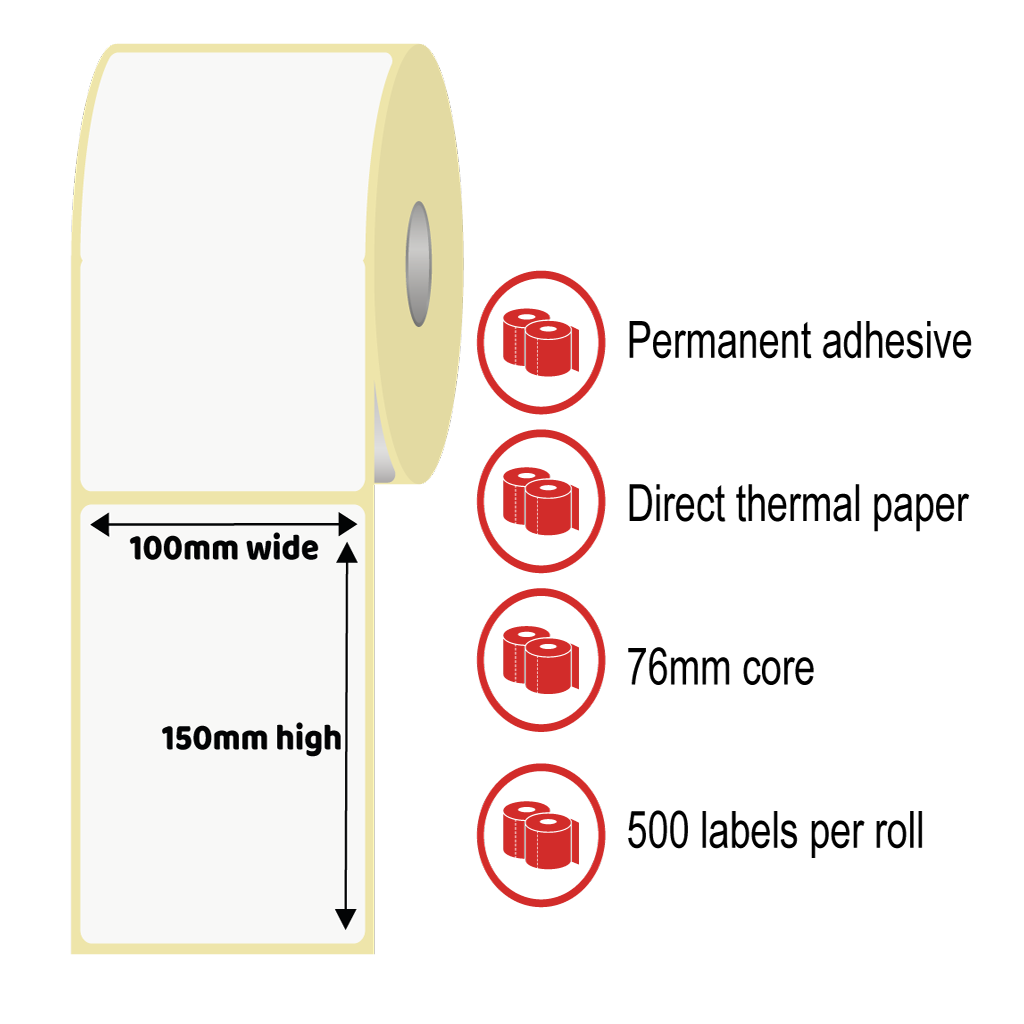 100 x 150mm Thermal Label Rolls - Direct Thermal Paper, Permanent Adhesive