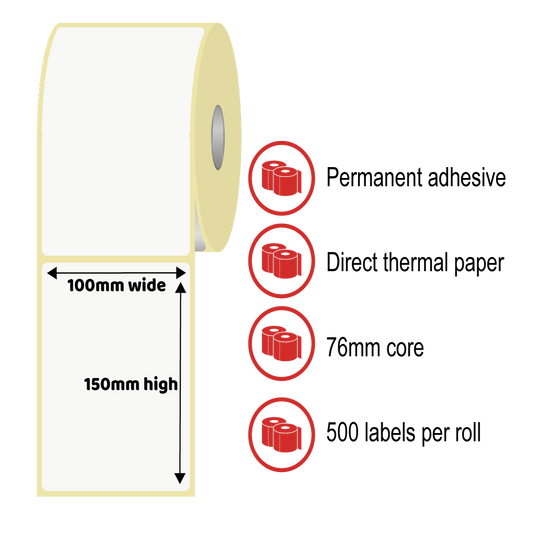 100 x 150mm Thermal Label Rolls - Direct Thermal Paper, Permanent Adhesive