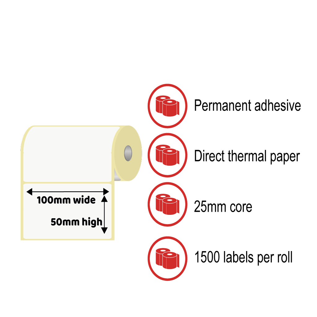 100 x 50mm Thermal Label Rolls - Direct Thermal Paper, Permanent Adhesive