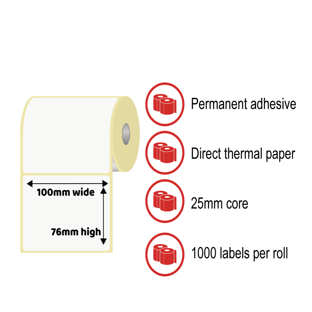 100 x 76mm Thermal Label Rolls - Direct Thermal Paper, Permanent Adhesive