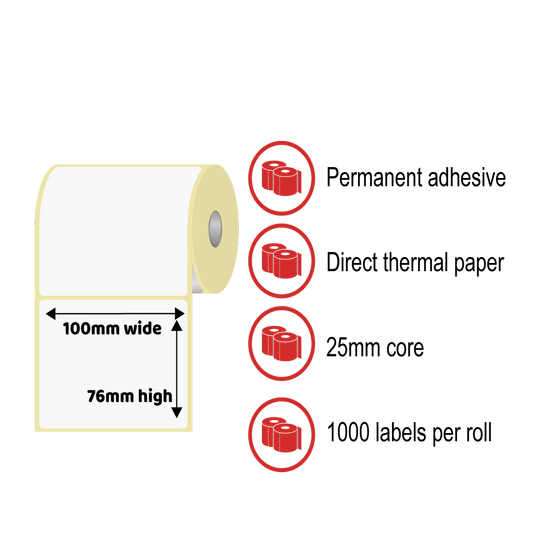 100 x 76mm Thermal Label Rolls - Direct Thermal Paper, Permanent Adhesive