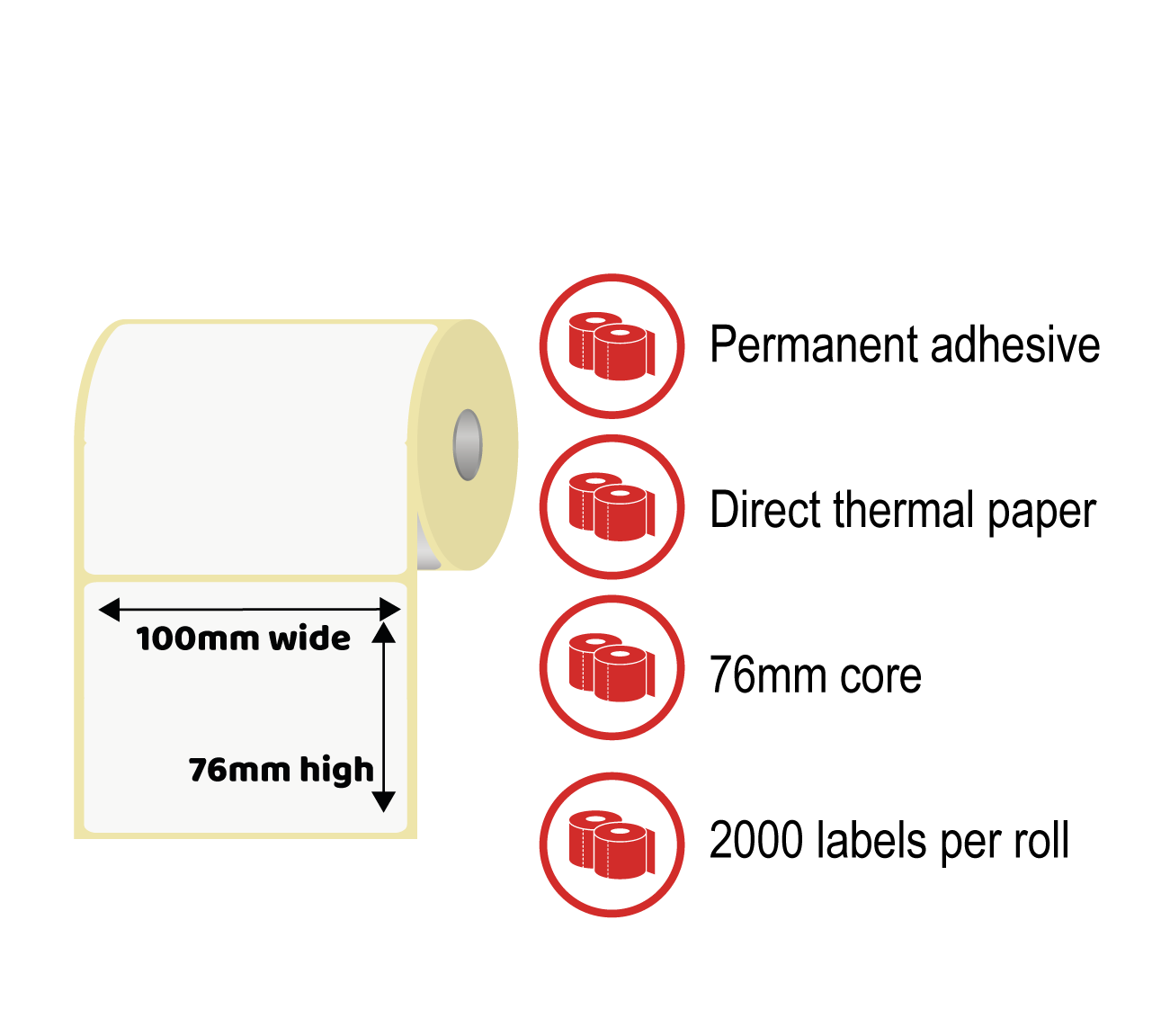 100 x 76mm Thermal Label Rolls - Direct Thermal Paper, Permanent Adhesive