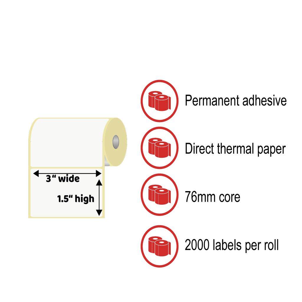 3 x 1.5" Thermal Label Rolls - Direct Thermal Paper, Permanent Adhesive