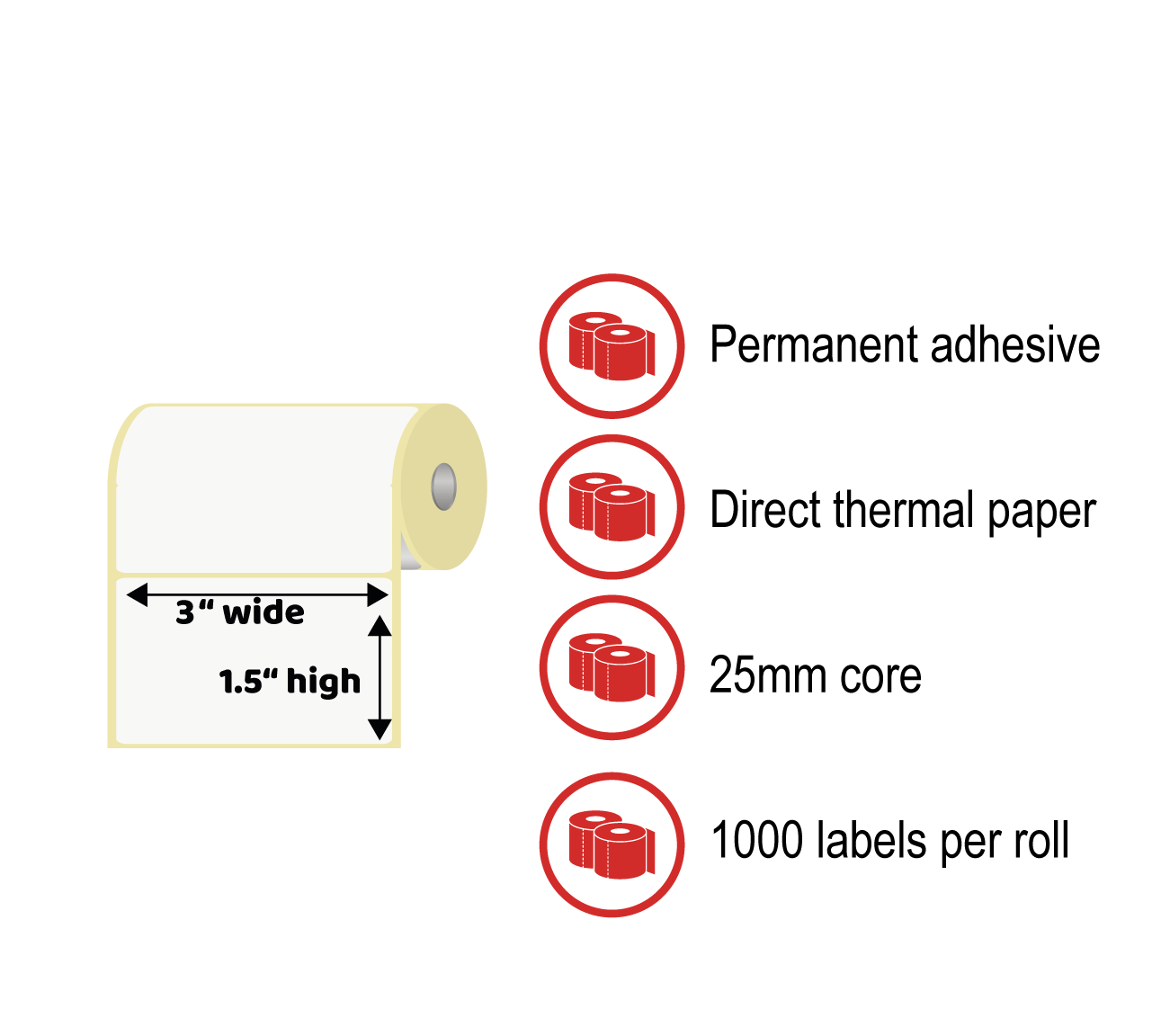 3 x 1.5" Thermal Label Rolls - Direct Thermal Paper, Permanent Adhesive