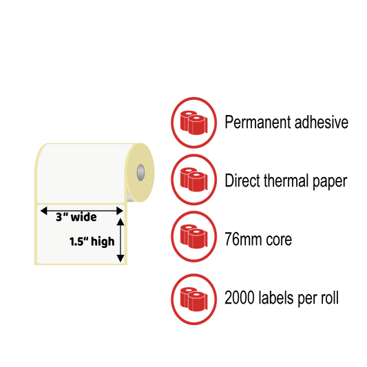 3 x 1.5" Thermal Label Rolls - Direct Thermal Paper, Permanent Adhesive