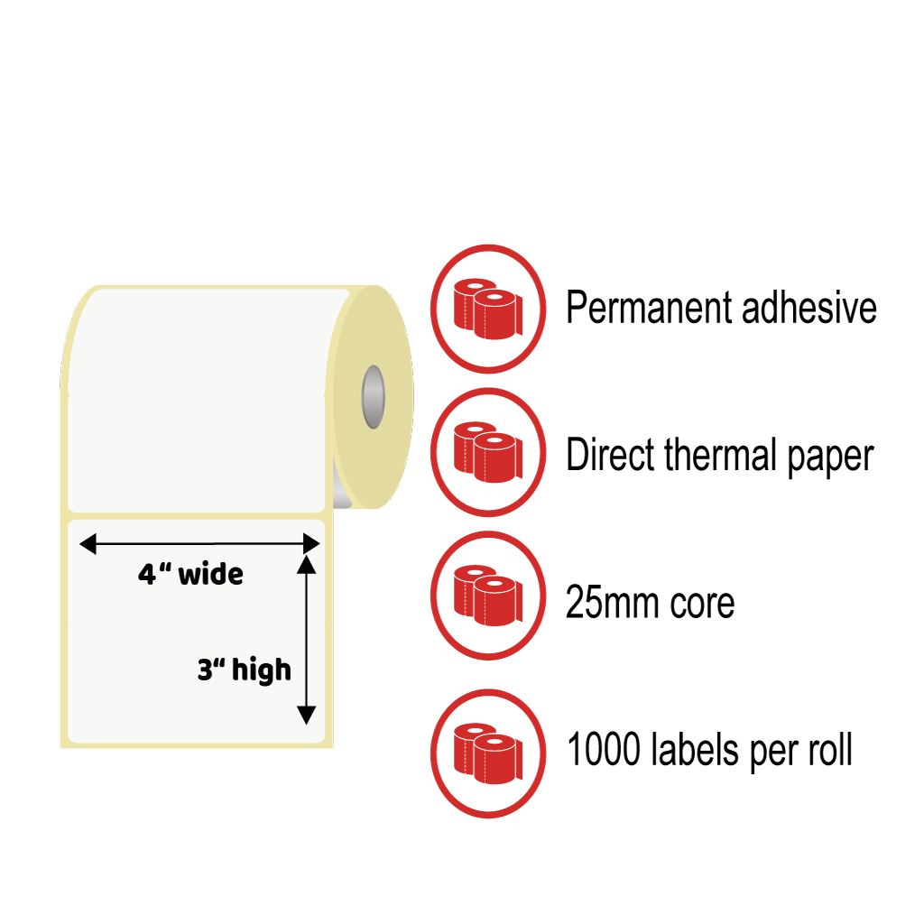 4 x 3" Thermal Label Rolls - Direct Thermal Paper, Permanent Adhesive