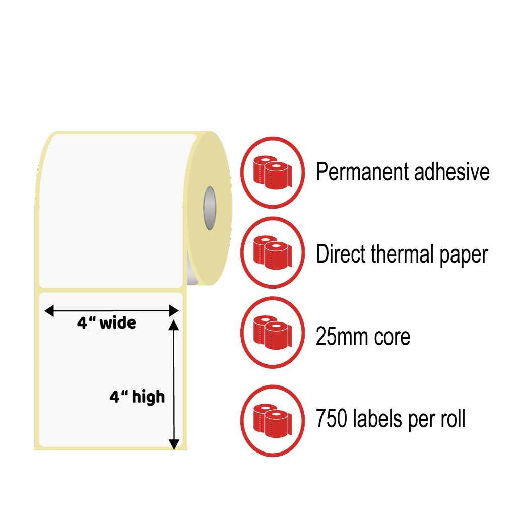 4 x 4" Thermal Label Rolls - Direct Thermal Paper, Permanent Adhesive
