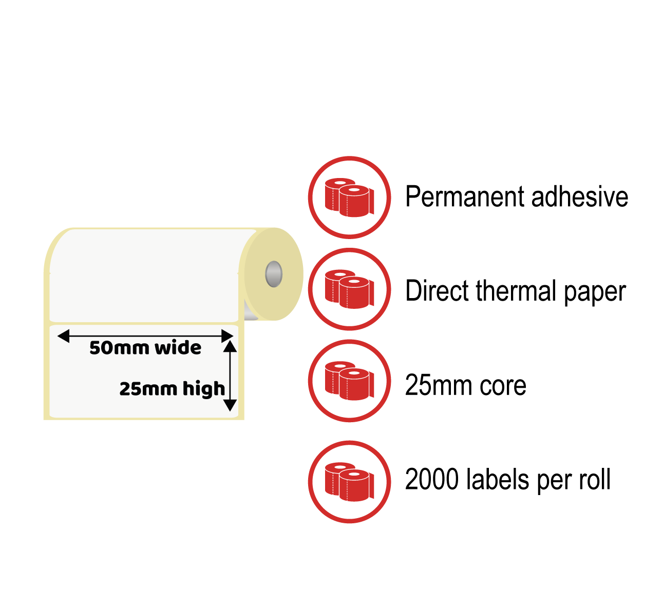 50 x 25mm Thermal Label Rolls - Direct Thermal Paper, Permanent Adhesive