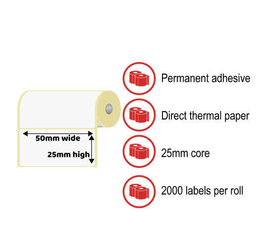 50 x 25mm Thermal Label Rolls - Direct Thermal Paper, Permanent Adhesive